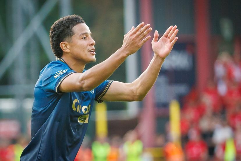 Antwerp's Anthony Valencia celebrates after scoring during a soccer match between KV Kortrijk and Royal Antwerp FC, Saturday 15 August 2026 in Kortrijk, on day 2 of the 2026-2027 'Jupiler Pro League' first division of the Belgian championship. BELGA PHOTO KURT DESPLENTER