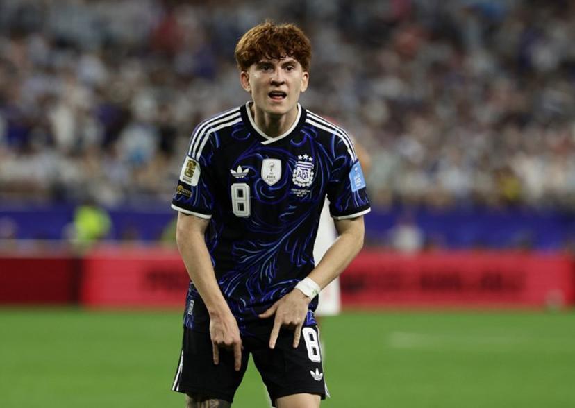 Argentina's midfielder #08 Valentin Barco gestures during the 2026 World Cup Group J football match between Jordan and Argentina at the Dallas Stadium in Arlington on June 27, 2026. Aric Becker / AFP