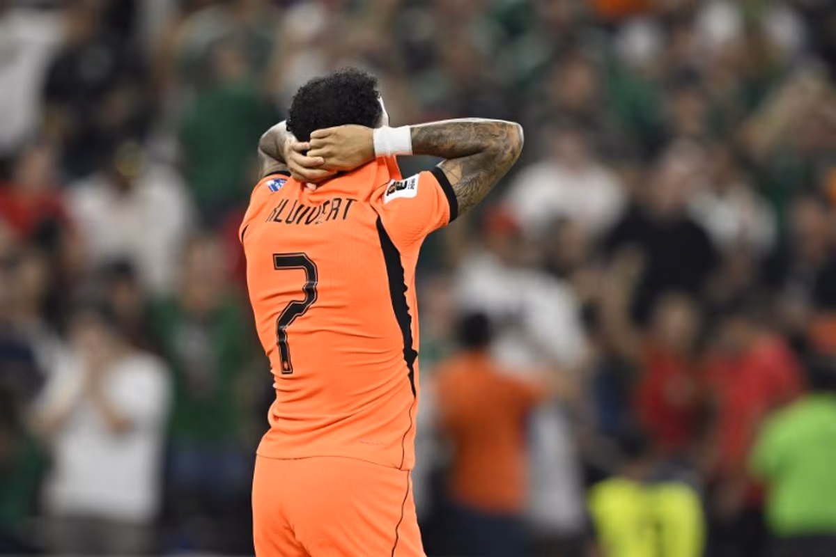 Netherlands' forward #07 Justin Kluivert reacts after missing his penalty in the shootout during the 2026 World Cup round of 32 football match between the Netherlands and Morocco at the Monterrey Stadium in Guadalupe on June 29, 2026. Alfredo ESTRELLA / AFP