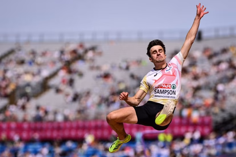 Belgium's Yanni Sampson competes in the men's long jump qualifier during the European Athletics Championships at Alexander Stadium in Birmingham on August 10, 2026. Ben STANSALL / AFP