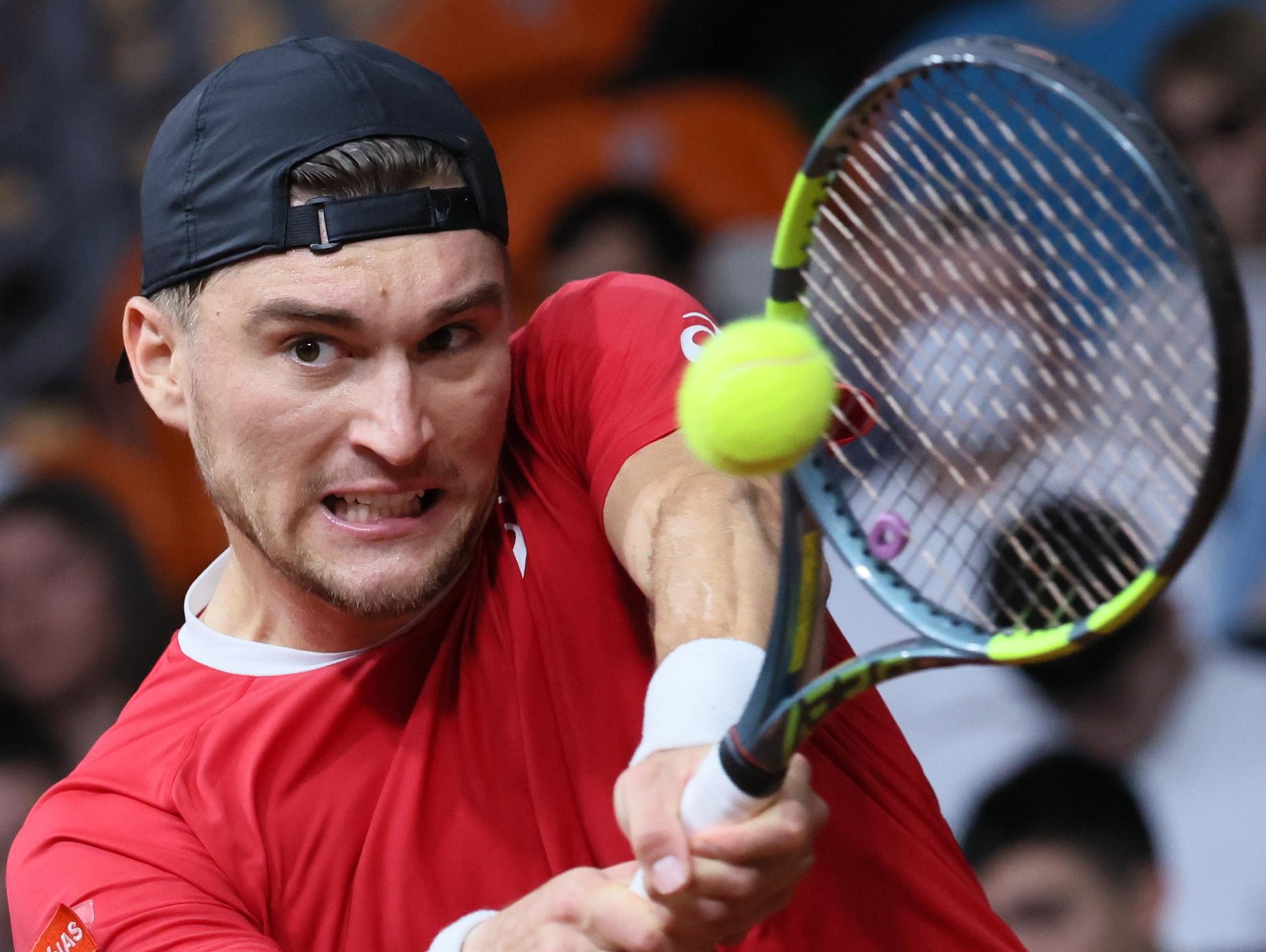 Belgian Raphael Collignon pictured during a tennis match against Bulgarian Vasilev, during the qualifier of the Davis Cup on Saturday 07 February 2026, in Plovdiv, Bulgaria. Belgium will compete this weekend in the Davis Cup qualifiers against Bulgaria. BELGA PHOTO BENOIT DOPPAGNE