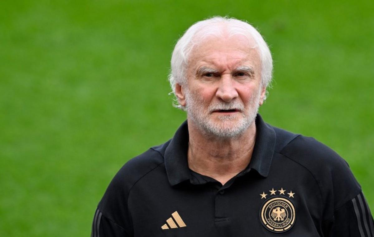 German football legend Rudi Voeller, manager of the German Football Federation (DFB), attends a training of Germany's football team on September 6, 2025 in Cologne, western Germany, on the eve of the 2026 World Cup qualifiers Europe zone group A football match between Germany and Northern Ireland. INA FASSBENDER / AFP