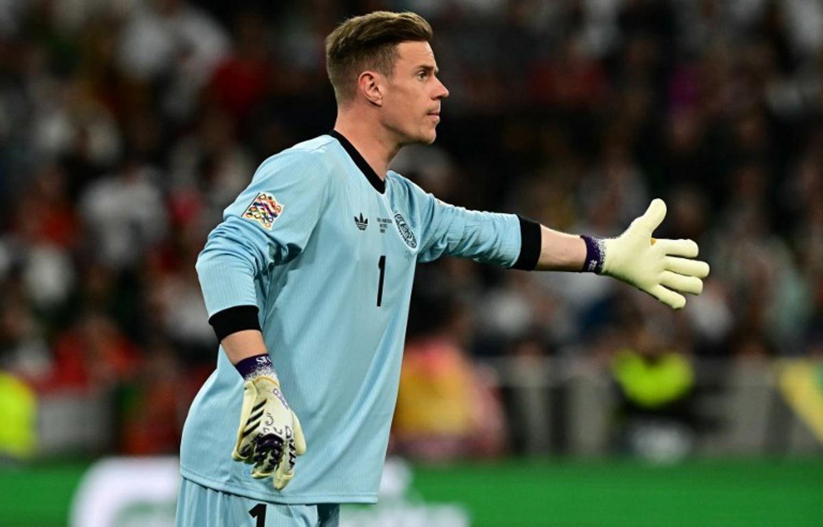 Germany's goalkeeper #01 Marc-Andre Ter Stegen during the UEFA Nations League semi-final football match between Germany and Portugal in Munich, southern Germany on June 4, 2025. Tobias SCHWARZ / AFP