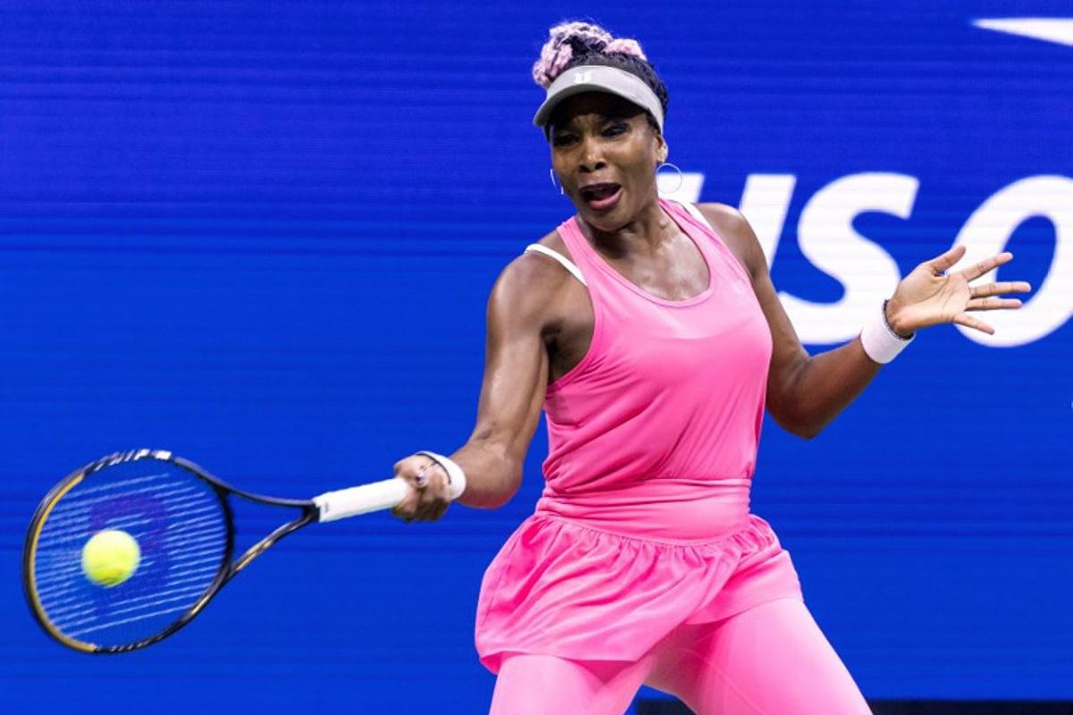 USA's Venus Williams plays a forehand return against Belgium's Greet Minnen during the US Open tennis tournament women's singles first round match at the USTA Billie Jean King National Tennis Center in New York City, on August 29, 2023. COREY SIPKIN / AFP