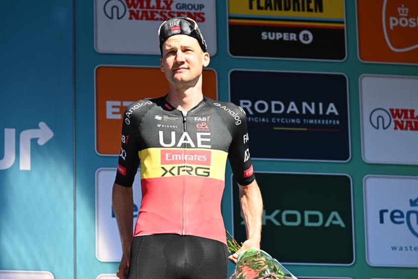 Belgian Tim Wellens of UAE Team Emirates pictured on the podium of the general ranking after the fifth and last stage of the 'Renewi Tour' multi-stage cycling race, 185km from and to Leuven on Sunday 24 August 2025. The five-day race takes place in Belgium and the Netherlands. BELGA PHOTO DAVID PINTENS
