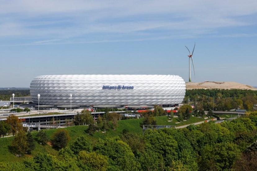 This photo taken on April 28, 2026 shows the Allianz Arena, home stadium of FC Bayern Munich, in Munich, Bavaria, southern Germany, as seen from a platform of a wastewater treatment plant. Michaela STACHE / AFP