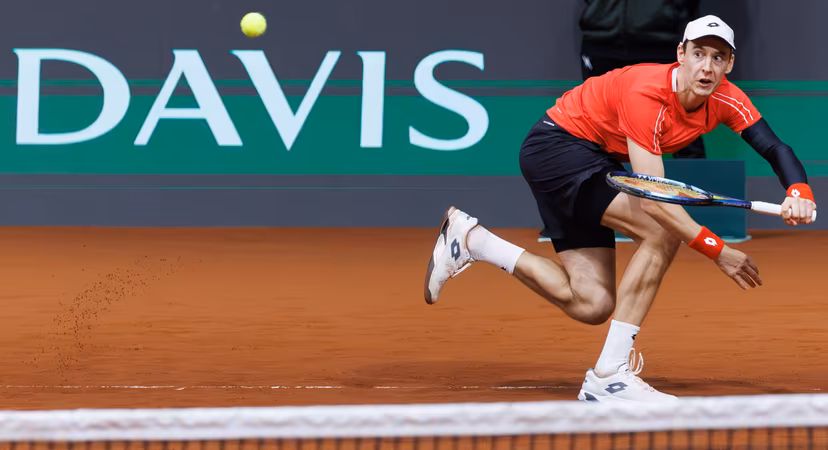 Belgian Joran Vliegen pictured in action during a doubles tennis match between Bulgarian Donski/Nesterov and Belgian Gille/Vliegen, match 3 of the qualifier of the Davis Cup on Sunday 08 February 2026, in Plovdiv, Bulgaria. Belgium will compete this weekend in the Davis Cup qualifiers against Bulgaria. BELGA PHOTO BENOIT DOPPAGNE