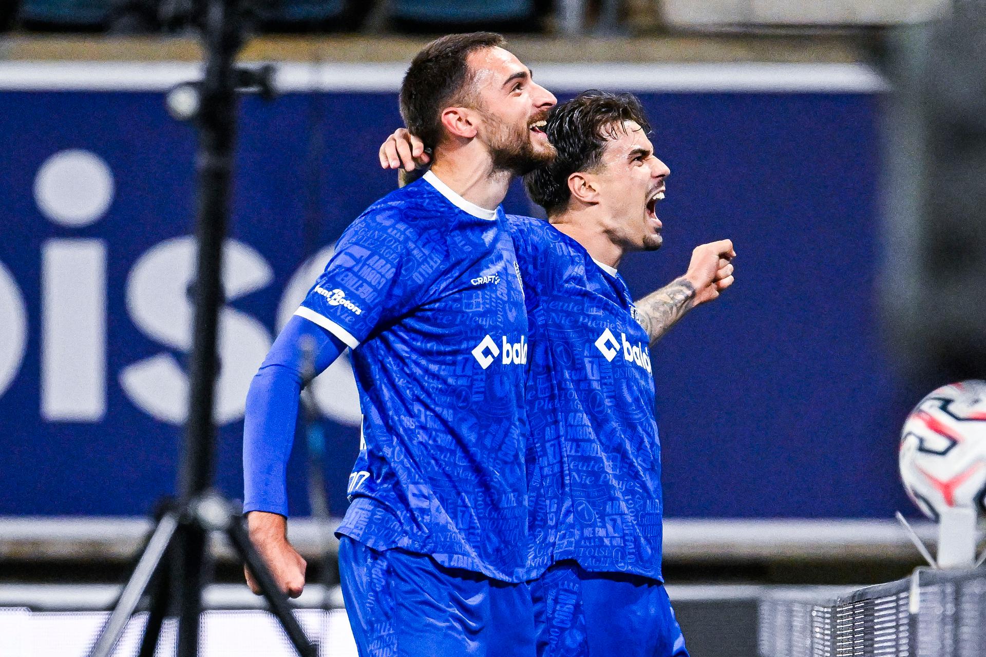 Matties Volckaert of KAA Gent and Tiago Araujo of KAA Gent celebrate after scoring during a soccer match between KAA Gent and RSC Anderlecht, Sunday 25 October 2026 in Gent, on day 9 of the 2026-2027 'Jupiler Pro League' first division of the Belgian championship. BELGA PHOTO TOM GOYVAERTS