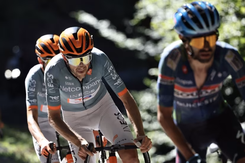 Netcompany Ineos Cycling Team's Belgian rider Laurens De Plus cycles during the 8th and final stage of the Tour Auvergne-Rhone-Alpes cycling race (formerly known as the Criterium du Dauphine), 120,1km between Beaufort and Plateau de Solaison, in the French Alps on June 14, 2026. Anne-Christine POUJOULAT / AFP