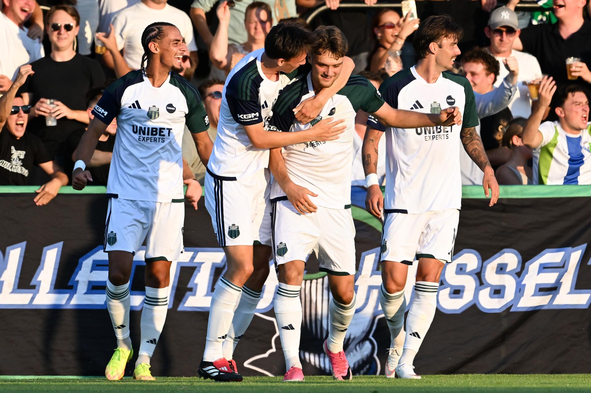 Hasselt's Van Keymolen Siebe celebrates after scoring during a soccer match between Sporting Hasselt and FCV Dender EH, Friday 14 August 2026 in Liege, on day 1 of the 2026-2027 'Challenger Pro League' second division of the Belgian championship. BELGA PHOTO JILL DELSAUX