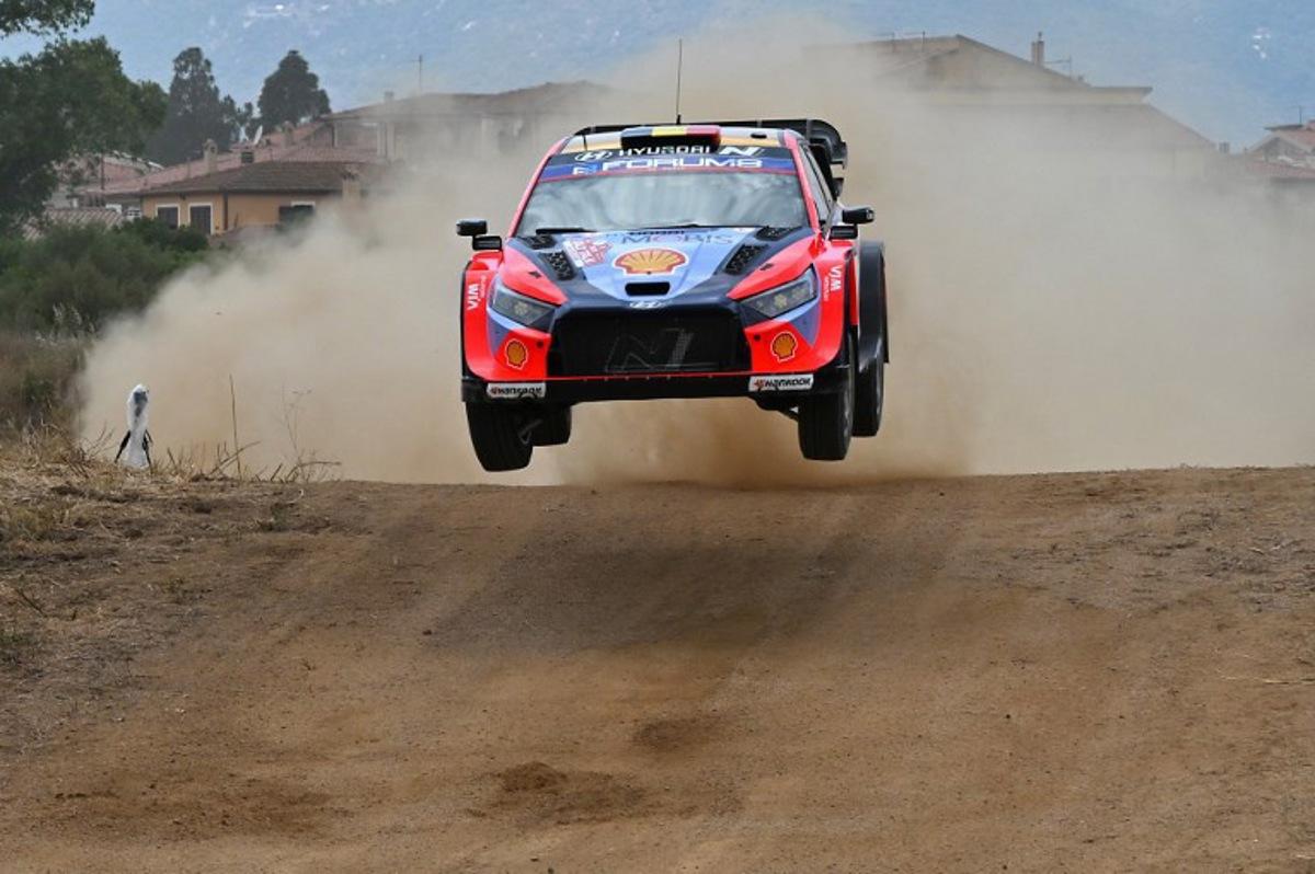 Belgium driver Thierry Neuville steers his Hyundai i20N Rally 1 assisted by his co-driver Martijn Wydaeghe, during the shakedown in Cabu Abbas, near Olbia, in the 22nd edition of Rally of Sardegna in Italy, 6th round of the FIA World Rally Championship (WRC), on June 5, 2025. Andreas SOLARO / AFP