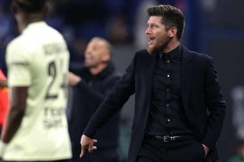 Monaco's Belgian head coach Sebastien Pocognoli gestures during the French L1 football match between RC Strasbourg Alsace and AS Monaco at the Stade de la Meinau in Strasbourg, eastern France, on May 17, 2026. ROMEO BOETZLE / AFP