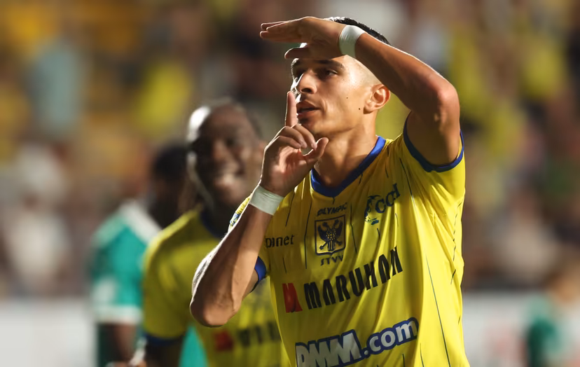 STVV's Ilias Sebaoui celebrates after scoring during a soccer match between STVV and Lommel SK, Saturday 08 August 2026 in Sint-Truiden, on day 1 of the 2026-2027 'Jupiler Pro League' first division of the Belgian championship. BELGA PHOTO VIRGINIE LEFOUR