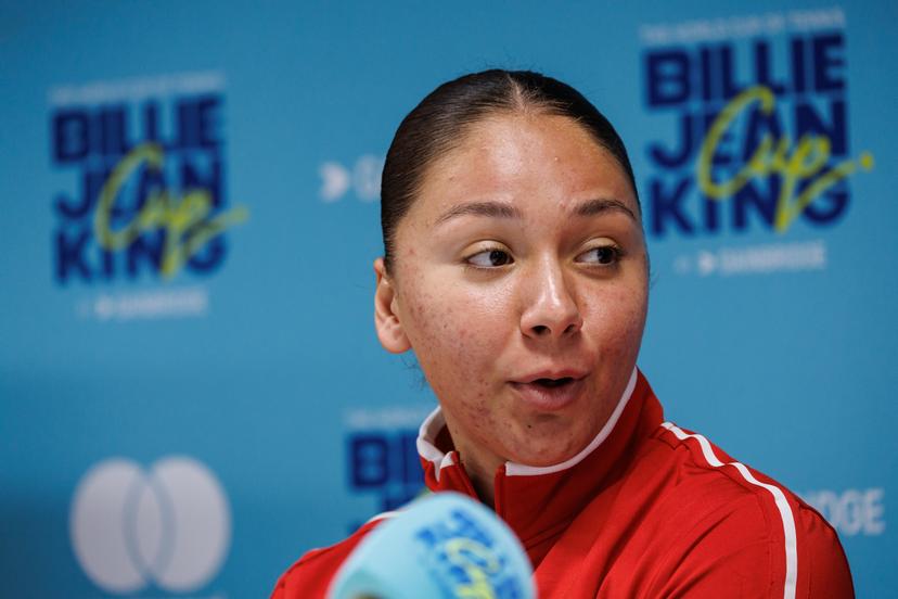 Belgian Sofia Costoulas pictured during a press conference of Belgian team ahead of the meeting between Belgium and USA, in the qualifiers of the Billie Jean King Cup tennis, in Oostende, Belgium, on Tuesday 07 April 2026. The game will be played on 10 and 11th April. PHOTO KURT DESPLENTER