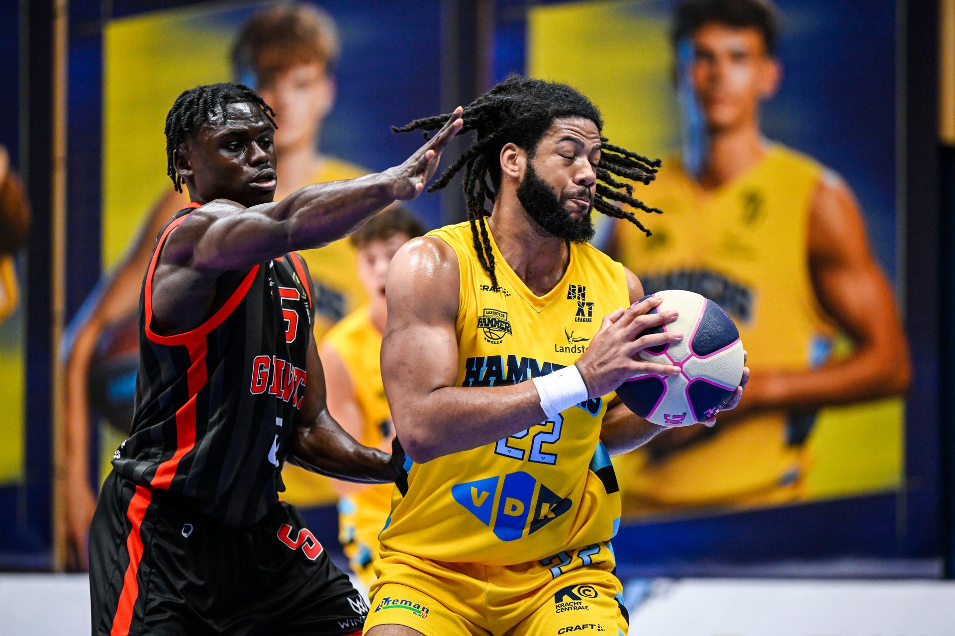 Antwerp's Enoch Cheeks and Landstede's Isaiah Johnson pictured in action during a basketball match between Landstede Hammers and Antwerp Giants, Saturday 26 September 2026 in Zwolle, The Netherlands. The BNXT Supercup is played by the national champion of The Netherlands and Belgium during the previous season. BELGA PHOTO TOM GOYVAERTS