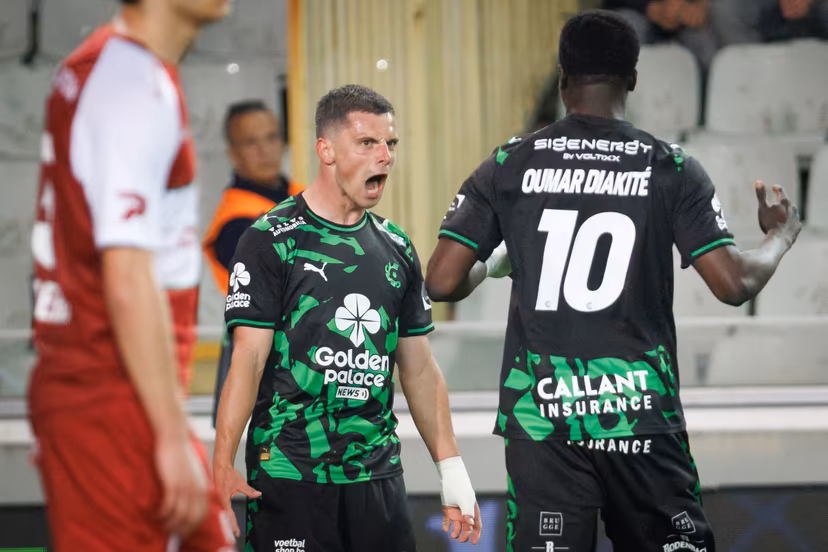 Cercle's Dante Vanzeir celebrates after scoring during a soccer match between Cercle Brugge KSV and SV Zulte Waregem, Friday 01 May 2026 in Brugge, on day five of the Relegation Play-offs of the 2025-2026 'Jupiler Pro League' first division of the Belgian championship. BELGA PHOTO KURT DESPLENTER