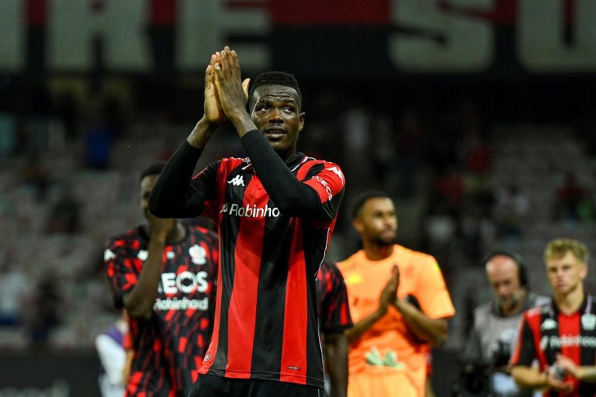 Nice's Dominican midfielder #08 Pablo Rosario reacts after the team's 3-1 win over Auxerre during the French L1 football match between OGC Nice and AJ Auxerre at the Allianz Riviera Stadium in Nice, south-eastern France, on August 23, 2025. Frederic DIDES / AFP