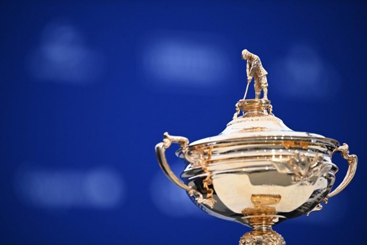 A picture shows the top of the trophy during a press conference ahead of the 44th Ryder Cup at the Marco Simone Golf and Country Club in Rome on September 25, 2023. Paul ELLIS / AFP