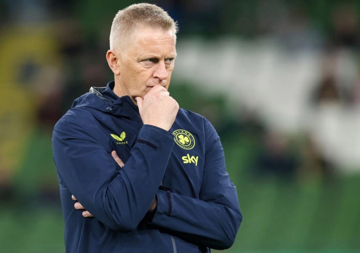 Ireland's Icelandic coach Heimir Hallgrimsson reacts as he players warm up ahead of their UEFA Nations League, League B - Group 3, football match between Republic of Ireland and Austria at the Aviva Stadium in Dublin, Ireland on October 1, 2026. Paul Faith / AFP