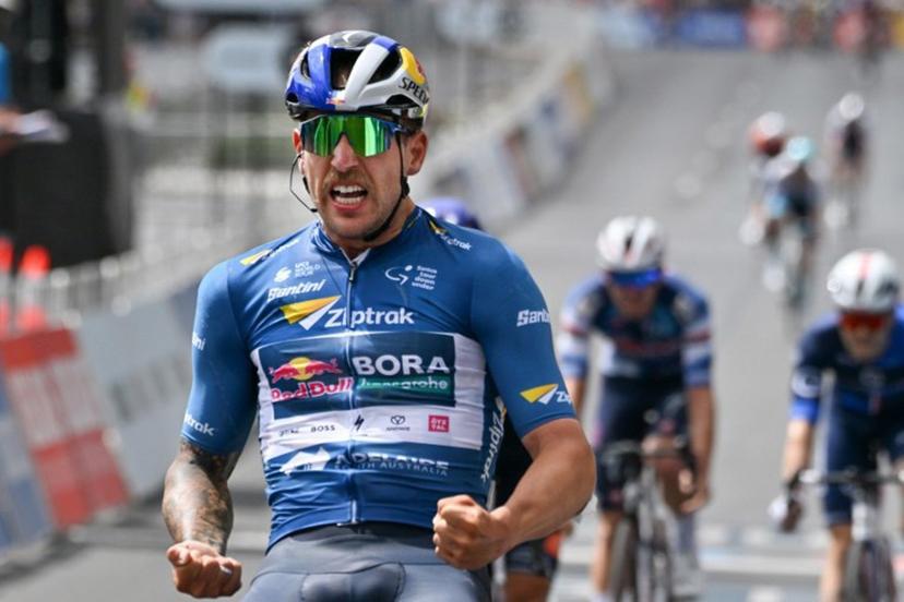 Red Bull-Bora-Hansgrohe rider Sam Welsford from Australia reacts after winning his third stage of the final of the Tour Down Under cycling race in Adelaide on January 26, 2025. Brenton Edwards / AFP