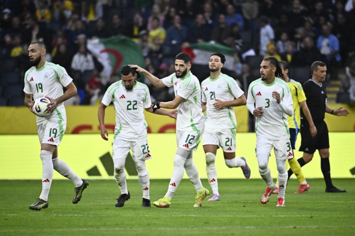 Algeria's Ismael Bennacer (2nd L) celebrates scoring with his teammates during the international friendly football match between Sweden and Algeria at the Strawberry Arena in Solna, Stockholm, Sweden, on June 10, 2025. Christine Olsson / TT / TT NEWS AGENCY / AFP