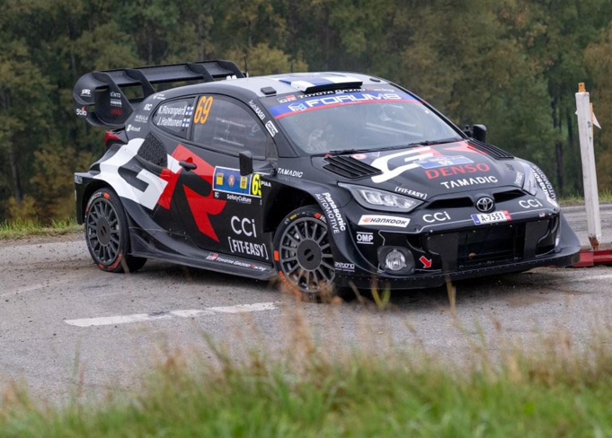 Finnish driver Kalle Rovanpera and co-driver Jonne Halttunen compete in their Toyota GR Yaris Rally1 car during day three of the FIA World Rally Championship WRC Central European Rally at the SS9 "Made in FRG" stage near Roehrnbach close to Passau, southern Germany on October 18, 2025. Joe Klamar / AFP