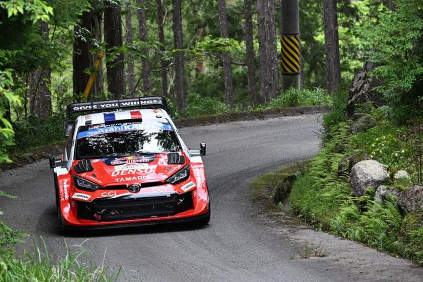 Sebastien Ogier of France and his co-drivrer Vincent Landais of France drive their Toyota GR Yaris Rally1 during the SS19 Nukata section of the Rally Japan, the 7th round of FIA World Rally Championships, in Shinshiro city, Aichi prefecture on May 31, 2026. Toshifumi KITAMURA / AFP