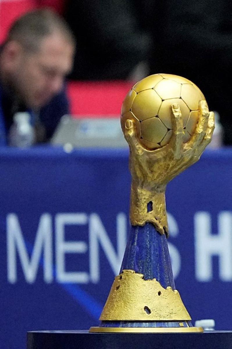 The IHF World Championship trophy is pictured prior to the Preliminary Round Group B match between Denmark and Algeria of the IHF Men's Handball World Championship in Herning, Denmark on January 14, 2025. Bo Amstrup / Ritzau Scanpix / AFP