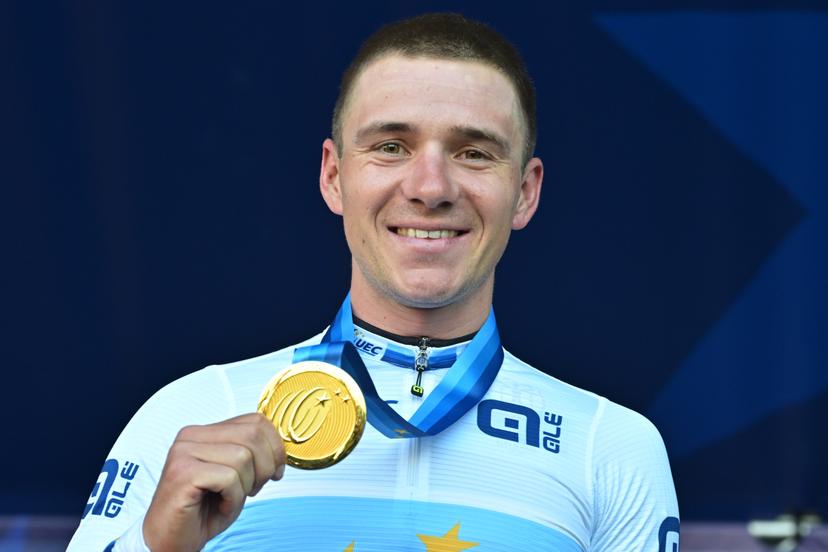 Belgium's Remco Evenepoel celebrates on the podium after winning the elite men Road Race race (196,2 km) at the cycling UEC Road European Championships, in Ljubljana, Slovenia Sunday 4 October 2026. The UEC Road European Championships are taking place from 02 to 07 October in Ljubljana, Slovenia. BELGA PHOTO DAVID PINTENS