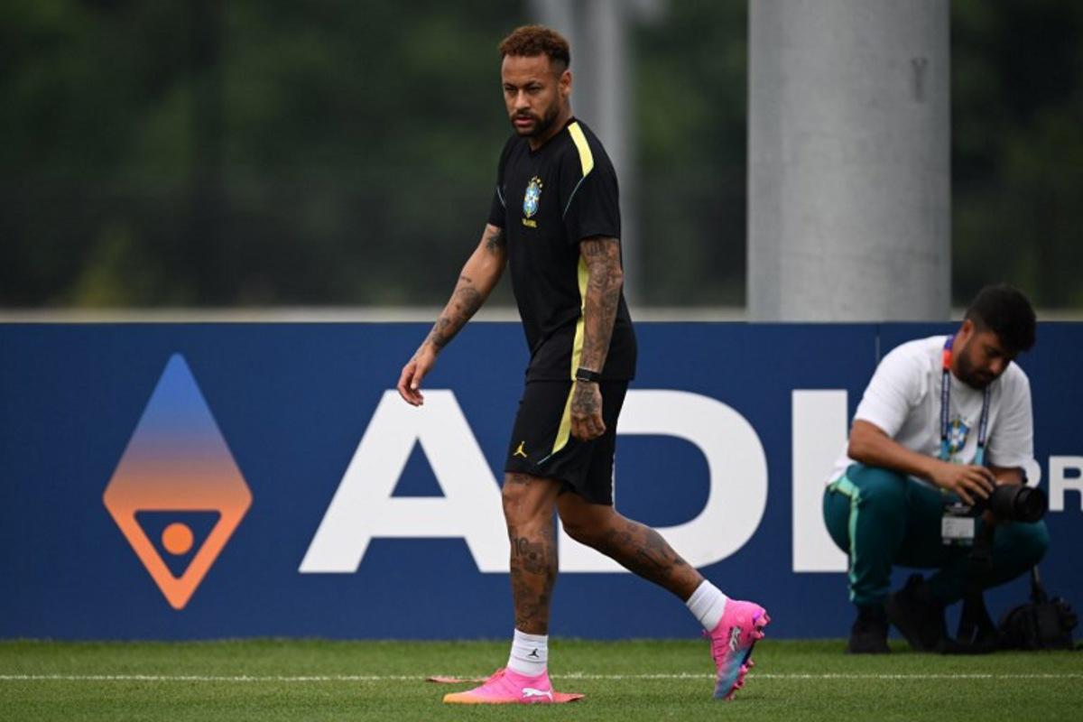 Brazil's forward #10 Neymar takes part in an MD-1 training session at Columbia Park Training Facility in Morristown, New jersey, on June 18, 2026, on the eve of the World Cup 2026 Group C football match between Brazil and Haiti. MAURO PIMENTEL / AFP