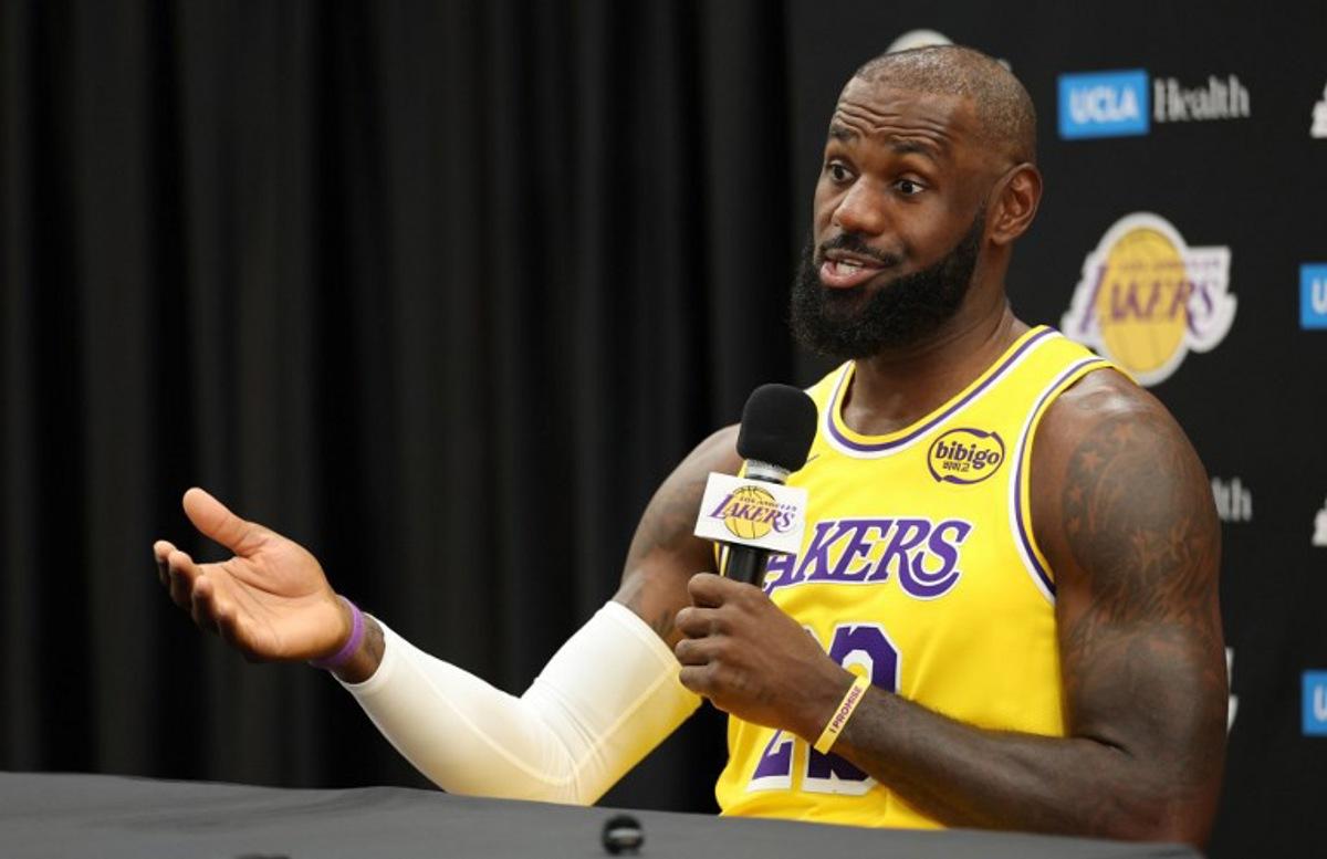US basketball player LeBron James speaks to reporters during the Los Angeles Lakers media day at UCLA Health Training Center El Segundo, California on September 29, 2025. Patrick T. Fallon / AFP