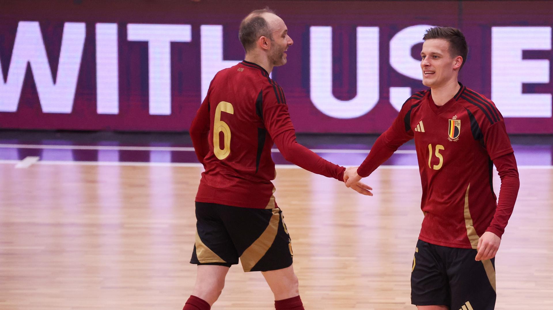 Belgium's Grello and Belgium's Kenneth Vanderheyden pictured during a futsal game between Belgium and Czechia, in Roosdaal, on Wednesday 12 March 2025, the main round of qualification of the group 9 (match 5/6) for the Euro 2026. BELGA PHOTO VIRGINIE LEFOUR