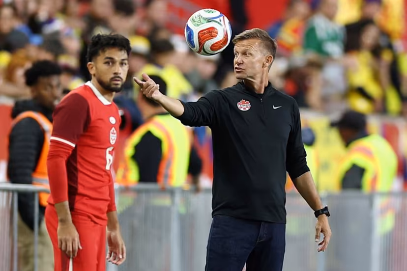 (FILES) Canada's US coach Jesse Marsch gestures to his players from the touchline during the international friendly football match between Canada and Colombia at Sports Illustrated Stadium in Harrison, New Jersey, on October 14, 2025. Exactly 150 years after the Carlton Cricket Club and the Toronto Lacrosse Club played the first recorded organized soccer match in Canada, in 1876, Canadian soccer is finally preparing to make its World Cup debut as host. CHARLY TRIBALLEAU / AFP