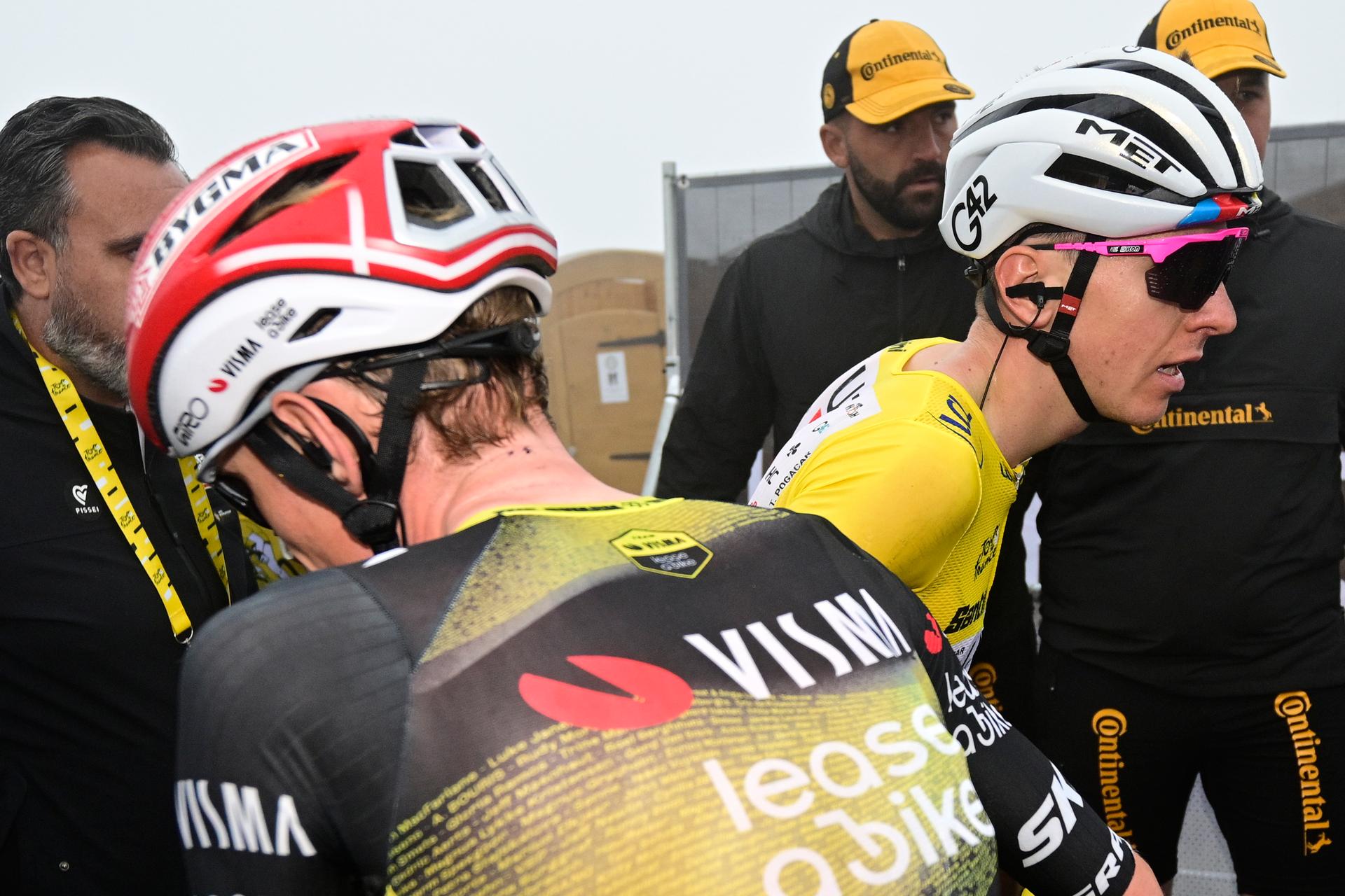 Slovenian Tadej Pogacar of UAE Team Emirates and Danish Jonas Vingegaard Hansen of Team Visma-Lease a Bike pictured after finishing the stage 18 of the 2025 Tour de France cycling race, from Vif to Courchevel Col de la Loze, on Thursday 24 July 2025 in France. The 112th edition of the Tour de France starts on Saturday 5 July in Lille, France, and will finish in Paris, France on the 27th of July. BELGA PHOTO DIRK WAEM