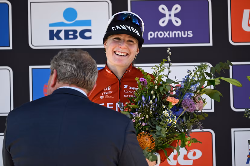 Dutch Charlotte Kool of Fenix-Premier Tech celebrates on the podium after winning the women's race of the 'Scheldeprijs' one day cycling event, 130,3km from and to Schoten on Wednesday 08 April 2026. BELGA PHOTO TOM GOYVAERTS
