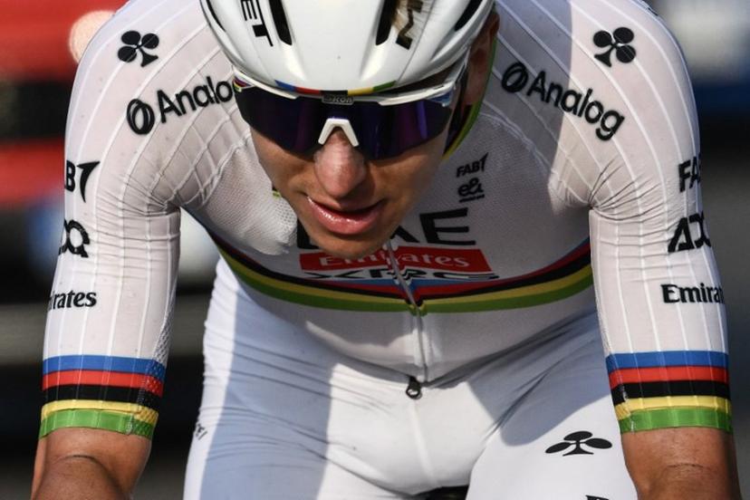 UAE Team Emirates's Slovenian rider Tadej Pogacar cycles in a lone breakawy in the Passo Di Ganda descent during the 119th edition of the Giro di Lombardia (Tour of Lombardy), a 238km cycling race from Como to Bergamo on October 11, 2025. Marco BERTORELLO / AFP