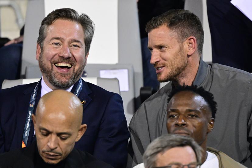 RBFA sports director Vincent Mannaert and former Red Devil Jan Vertonghen pictured during a soccer game between Belgian national team Red Devils and France, on Monday 28 September 2026 in Brussels, the second game of the UEFA Nations League group stage. BELGA PHOTO DIRK WAEM