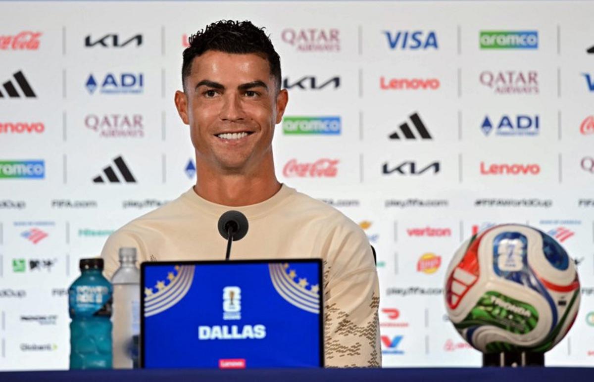 Portugal's forward #07 Cristiano Ronaldo answers to journalists during a press conference at the Dallas Stadium in Arlington, Texas on July 5, 2026, on the eve of the 2026 World Cup round of 16 football match between Portugal and Spain. Paul ELLIS / AFP