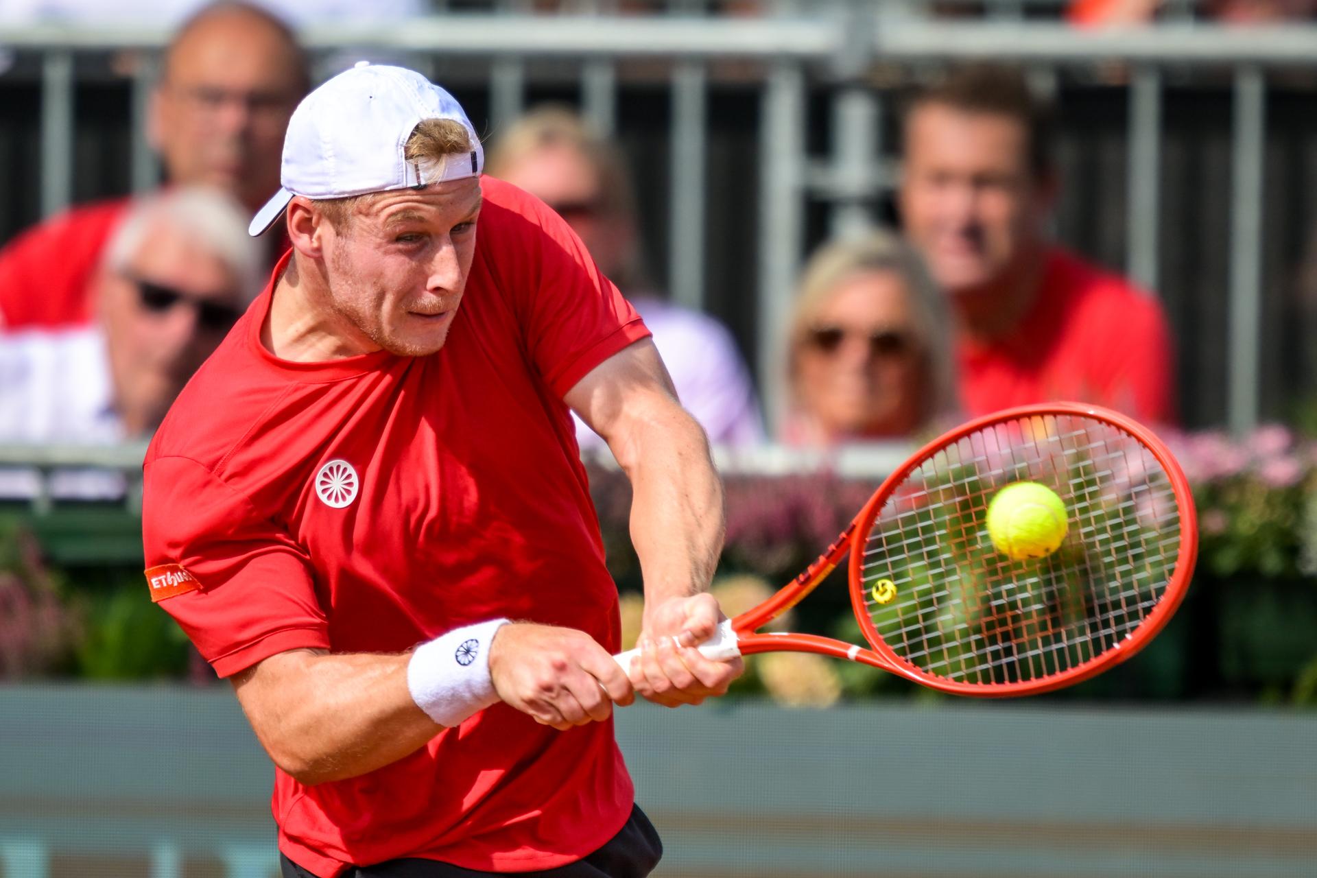 Belgian Gauthier Onclin is pictured in action during a tennis match between Austrian Rodionov and Belgian Onclin, the first rubber in the tie between Austria and Belgium, qualifiers for the Davis Cup tournament, on Friday 18 September 2026 in Vienna, Austria. BELGA PHOTO DAVID PINTENS