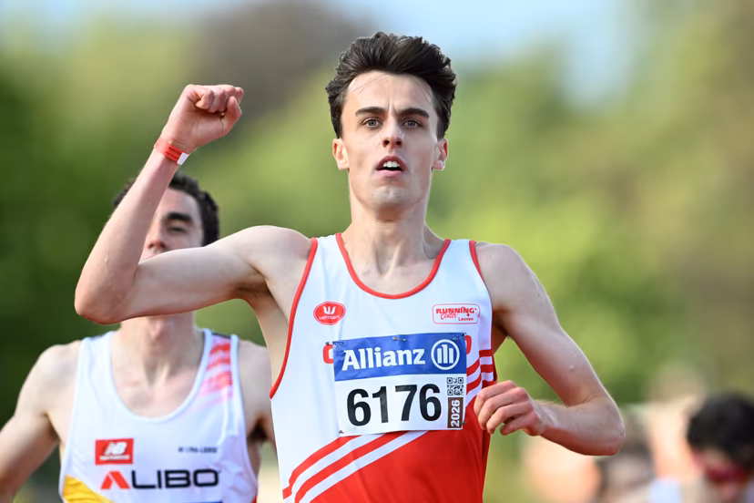 Belgian Pieter Sisk celebrates as he crosses the finish line to win the Belgian athletics championships, Sunday 26 July 2026 in Kessel-Lo, Leuven. BELGA PHOTO JILL DELSAUX