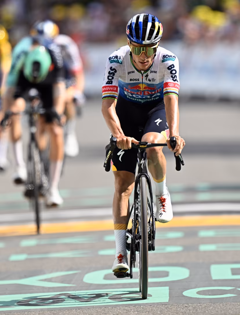 Belgian Remco Evenepoel of Red Bull-BORA-hansgrohe crosses the finish line of stage 6 of the 2026 Tour de France cycling race, a stage of 186 km from Pau to Gavarnie-Gedre, on Thursday 09 July 2026. The 113th edition of the Tour de France starts on Saturday 4 July in Barcelona, Spain, and will finish in Paris, France on the 26th of July. BELGA PHOTO DAVID PINTENS