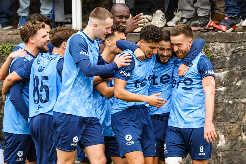 Rochefort's Thomas Thibaud Vanhecke celebrates after scoring during a soccer match between Union Rochefortoise (amateur 1st division) and KAA Gent, Sunday 18 October 2026 in Rochefort, in the 1/16 final of the Croky Cup Belgian cup competition. BELGA PHOTO BRUNO FAHY