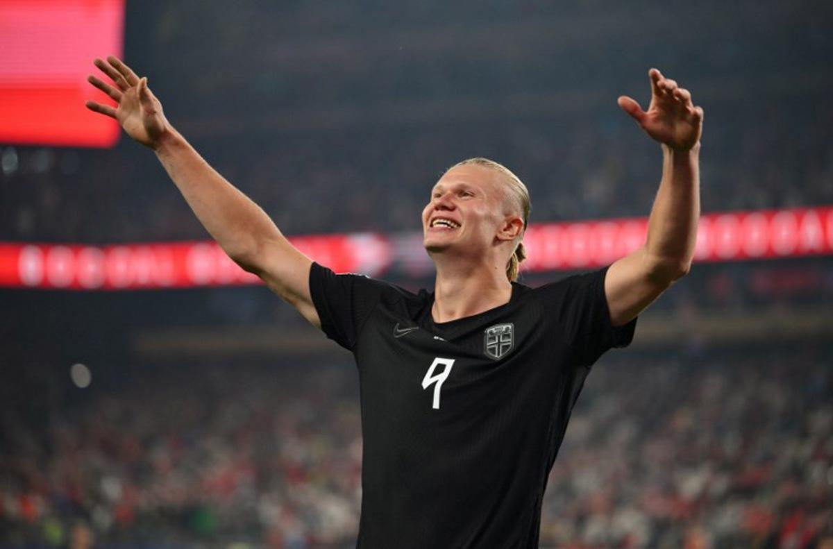 Norway's forward #09 Erling Braut Haaland celebrates scoring his team's second goal during the 2026 World Cup Group I football match between Norway and Senegal at the New York/New Jersey Stadium in East Rutherford on June 22, 2026. Angela WEISS / AFP
