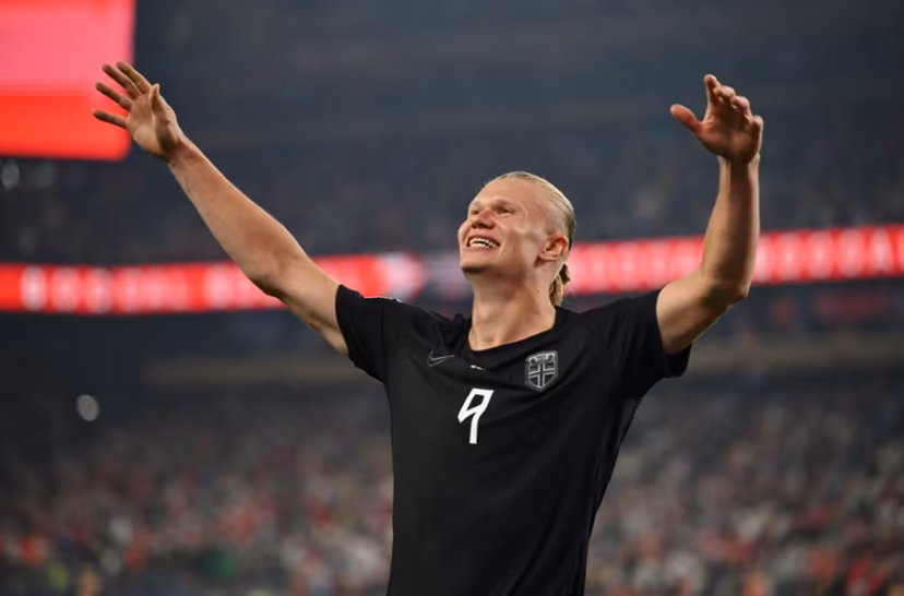 Norway's forward #09 Erling Braut Haaland celebrates scoring his team's second goal during the 2026 World Cup Group I football match between Norway and Senegal at the New York/New Jersey Stadium in East Rutherford on June 22, 2026. Angela WEISS / AFP