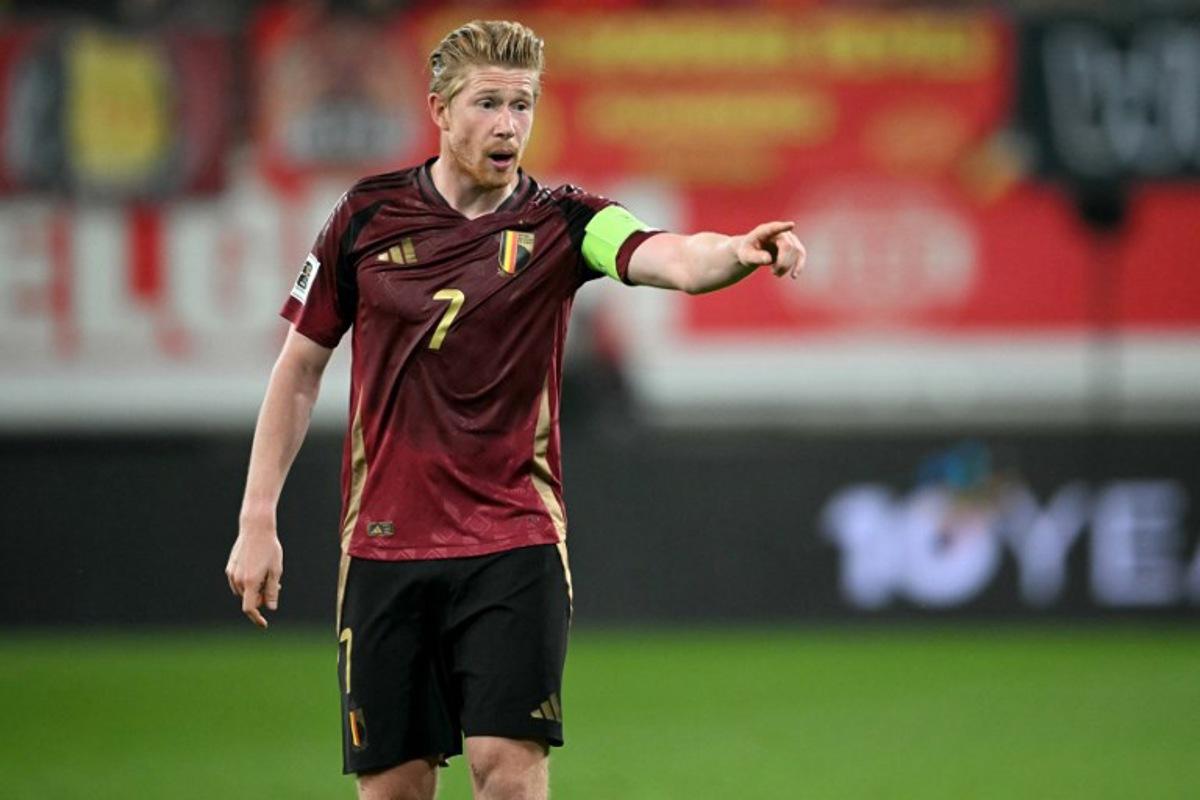 Belgium's midfielder #07 Kevin De Bruyne reacts during the FIFA World Cup 2026 Group J European qualification football match between Belgium and North Macedonia at the Planet Group Arena in Ghent, on October 10, 2025. NICOLAS TUCAT / AFP
