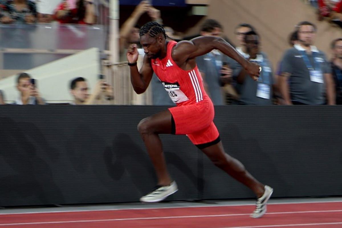 US' Noah Lyles competes in the men's 200m event of the Diamond League athletics meeting at the Louis II stadium in Monaco on July 11, 2025. Valery HACHE / AFP