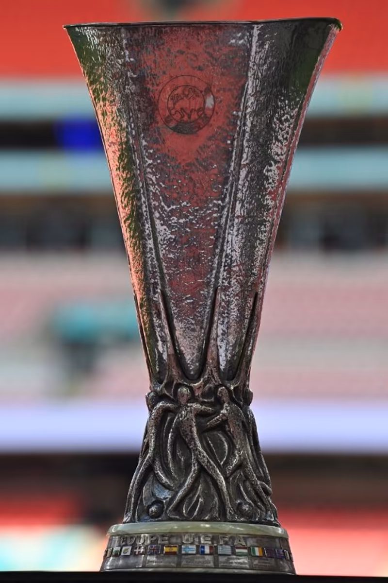 The UEFA Europa League trophy is pictured pitch-side ahead of the English FA Community Shield football match between Crystal Palace and Liverpool at Wembley Stadium, in London on August 10, 2025. Glyn KIRK / AFP