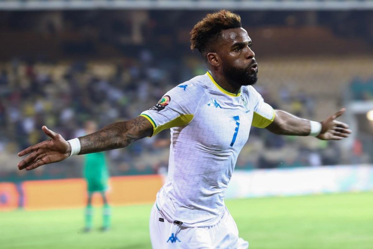 Gabon's forward Aaron Boupendza celebrates scoring his team's first goal during the Group C Africa Cup of Nations (CAN) 2021 football match between Comoros and Gabon at Stade Ahmadou Ahidjo in Yaounde on January 10, 2022. KENZO TRIBOUILLARD / AFP