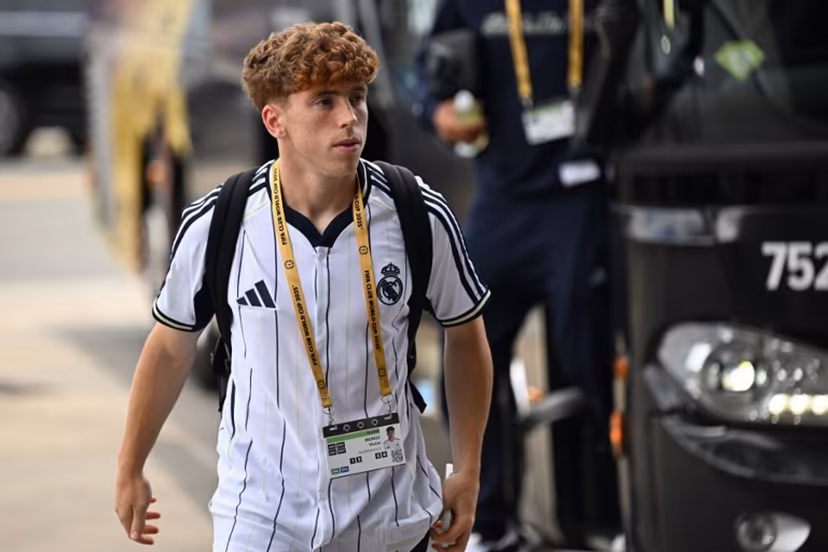 Real Madrid's Spanish midfielder #44 Victor Munoz arrives at the stadium ahead of the FIFA Club World Cup 2025 semifinal football match between France's Paris Saint-Germain and Spain's Real Madrid at the MetLife stadium in East Rutherford, New Jersey on July 9, 2025. Paul ELLIS / AFP