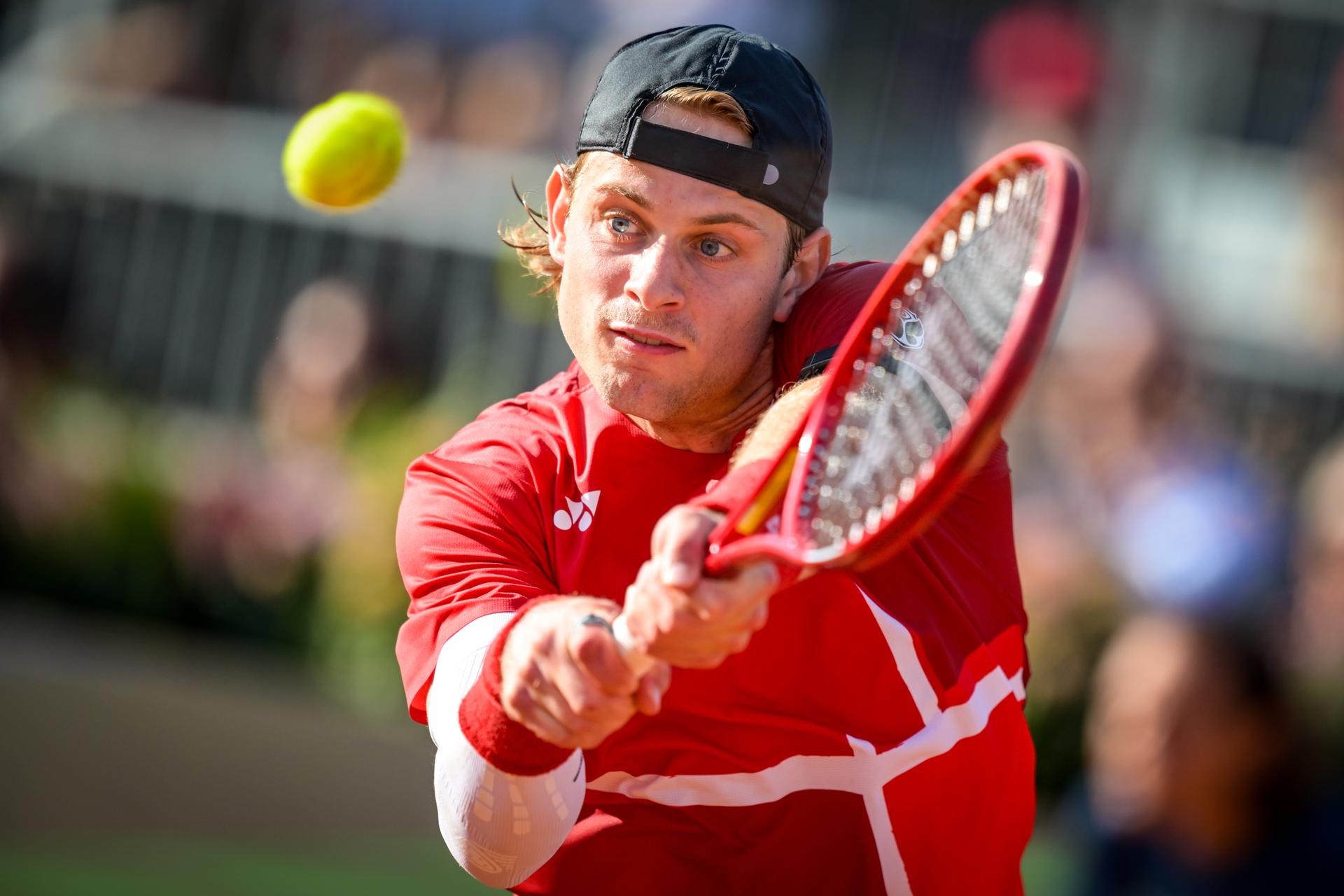 Belgian Zizou Bergs is pictured in action during a tennis match between Austrian Neumayer and Belgian Bergs, the second rubber in the tie between Austria and Belgium, qualifiers for the Davis Cup tournament, on Friday 18 September 2026 in Vienna, Austria. BELGA PHOTO DAVID PINTENS